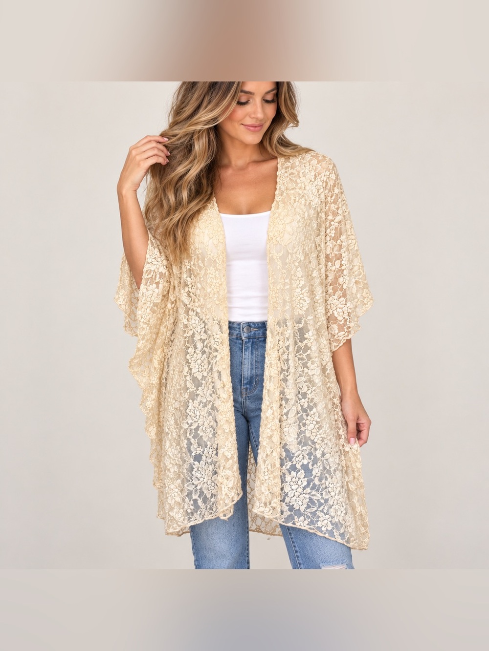 LA Gypsy Cream Ivory Floral Lace Open Front Kimono Cardigan Size L